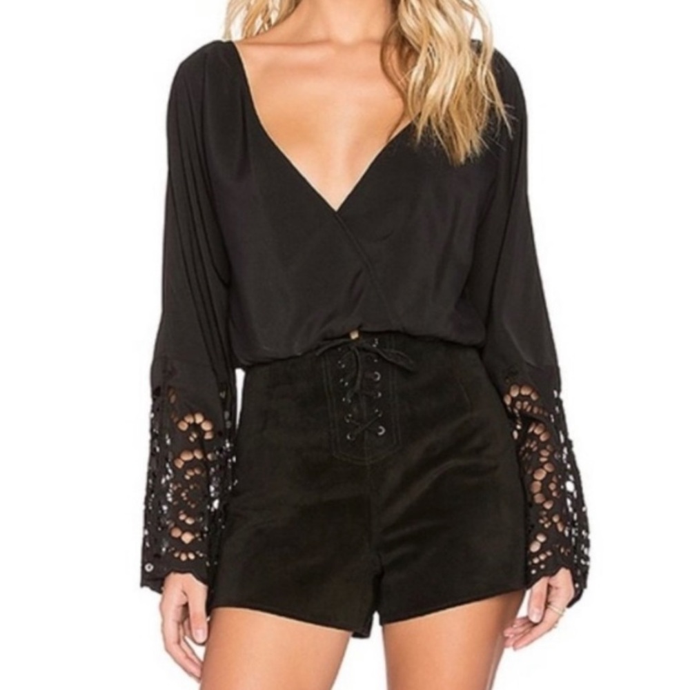 Winston White Long Bell Sleeve Lace Black Crop Top XS